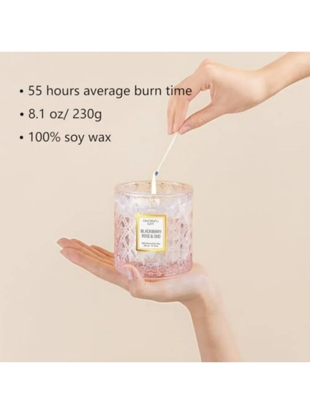 Rose & Oud Scented Candle - Long Burning 55 Hours, Natural Soy Wax, Perfect Gift
